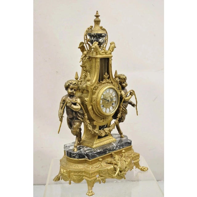 Vintage French Louis XV Style Brevettato Italy Brass & Marble Figural Clock Set For Sale - Image 12 of 16
