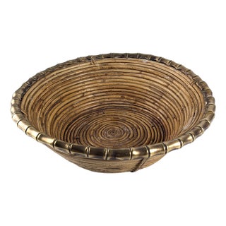 Woven Rattan and Brass Centerpiece Bowl, Italy, 1970s For Sale