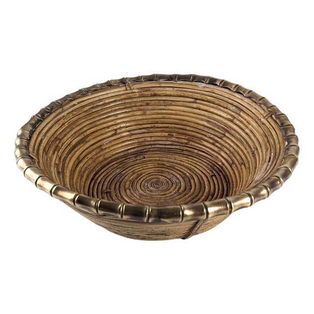 Woven Rattan and Brass Centerpiece Bowl, Italy, 1970s For Sale