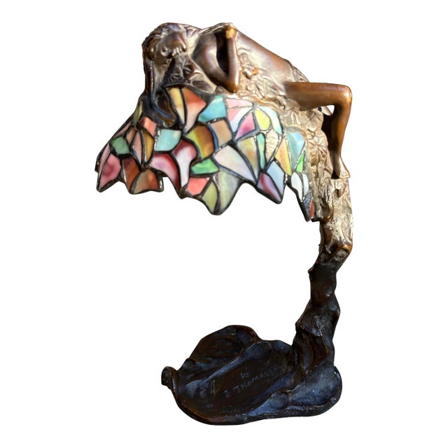 Antique Art Nouveau E. Thomasson “Daphne” Bronze Figural Table Lamp – Art Nouveau Lady W/ Stained Glass Shade For Sale