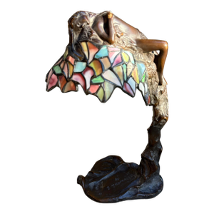 Antique Art Nouveau E. Thomasson “Daphne” Bronze Figural Table Lamp – Art Nouveau Lady W/ Stained Glass Shade