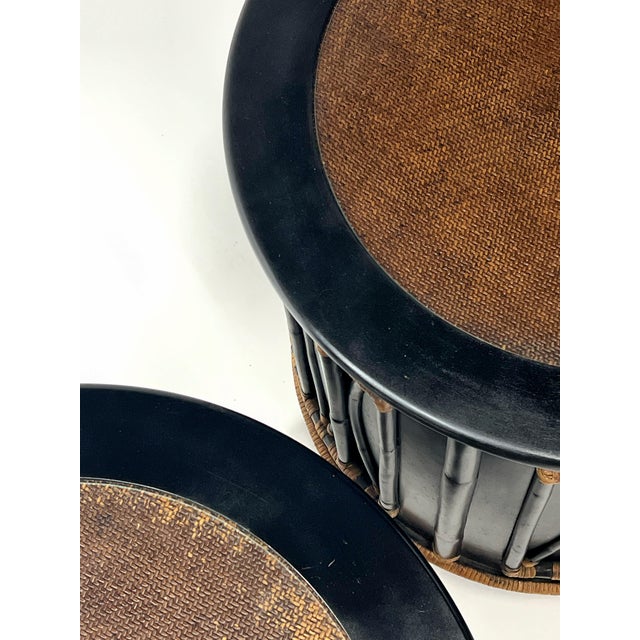 Pair of Oversized Round Bamboo and Rattan Nightstands or Accent Tables For Sale - Image 9 of 12