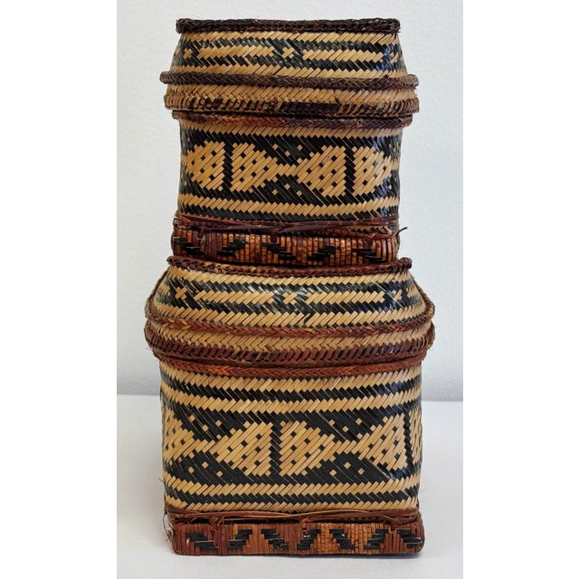 Vintage Nesting Woven Reed Lidded Basket Boxes For Sale - Image 4 of 9
