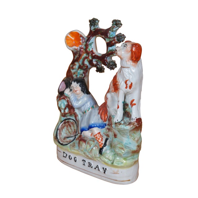 Antique 19th century Staffordshire porcelain flatback figurine titled "Dog Tray," depicting a young girl sleeping at the...