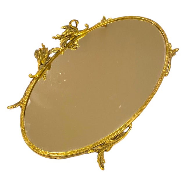 1930s French Art Deco Vanity Mirror Tray Ormolu Brass Swans Hollywood Regency For Sale - Image 13 of 16