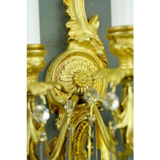 Gold Mid 20th Century Restored French Gold Gilded Bronze & Crystal 3 Arm Wall Sconces - a Pair For Sale - Image 8 of 13