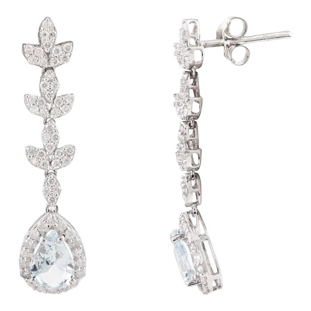 14k Solid White Gold Aquamarine Diamond Long Dangle Earrings - 2 Pieces For Sale