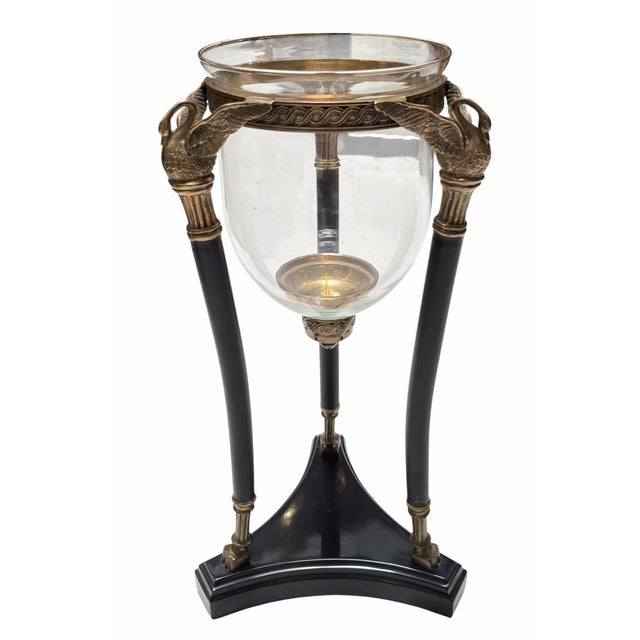 French Pair of French Empire Style Bronze Swan & Glass Hurricane Lamp Candle Holders For Sale - Image 3 of 9