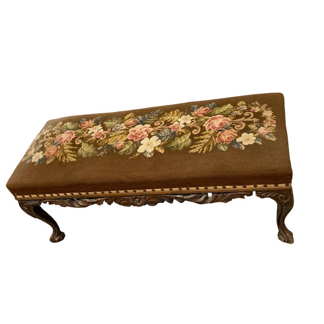 Early 20th Century Antique American Rococo Revival Carved Walnut Needlepoint Bench, Pierced Louis XV Style For Sale - Image 5 of 6