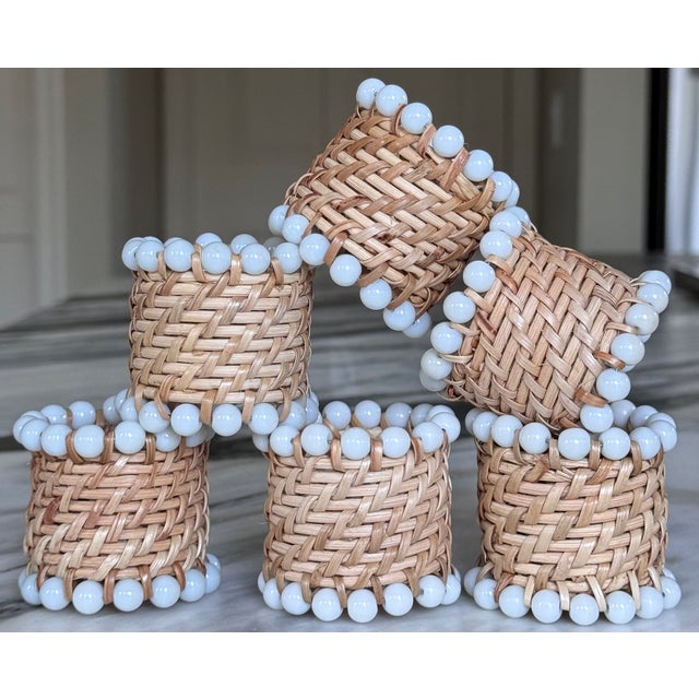 Vintage Pearl Bead Accent Rattan Napkin Rings - Set of 6 For Sale - Image 13 of 13