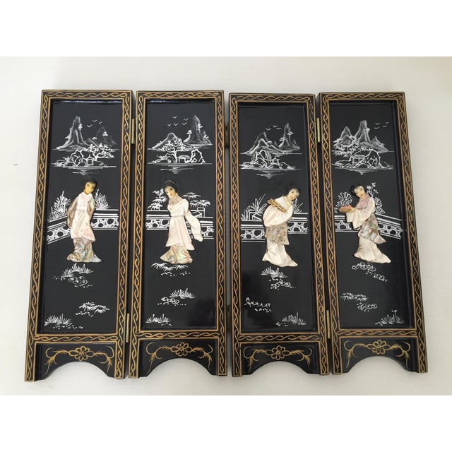 Vintage Chinese Lacquer Tabletop Folding Screen For Sale - Image 4 of 16