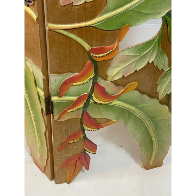Wood Colorful Tropical Birds Amongst Exotic Foilage Painted & Carved Wood Room Screen For Sale - Image 7 of 10