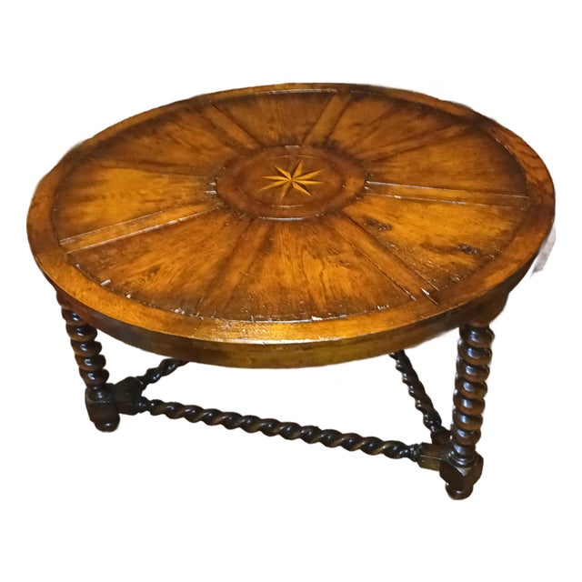 1950s Vintage Oak Rustic Coffee Table With Barley Twist Legs and Inlaid Compass Rose For Sale