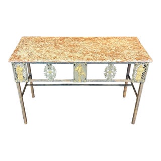 French Balcony Console Table With Marble Top & Gold Figural Wrought Iron For Sale
