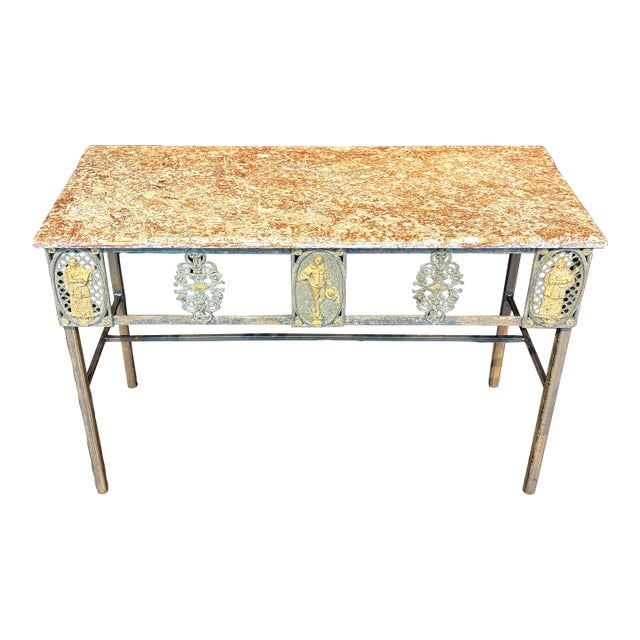 French Balcony Console Table With Marble Top & Gold Figural Wrought Iron For Sale