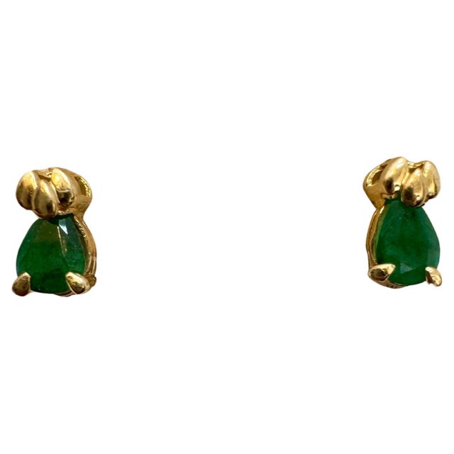 Natural Pear Shape Emerald Post Earrings 14 Karat Yellow Gold For Sale - Image 15 of 18