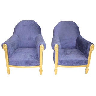 1920s Paul Follot French Art Deco Blue Upholstered Gilt Wood Armchairs - a Pair For Sale