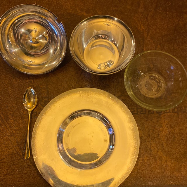 Mid 20th Century Vintage Silverplate Apple Honey/Jam/Condiment Server With Glass Insert & Spoon - 5 pcs For Sale - Image 5 of 6
