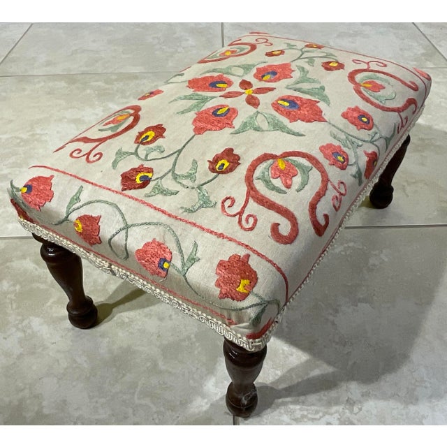 Red Antique Suzani Embroidered Footstool – Silk Hand-Stitched Needlepoint For Sale - Image 8 of 14