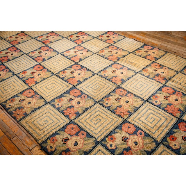 Textile 1880s Rustic Blue Ground Modern Geometric Folk Art Antique American Hooked Rug For Sale - Image 7 of 9