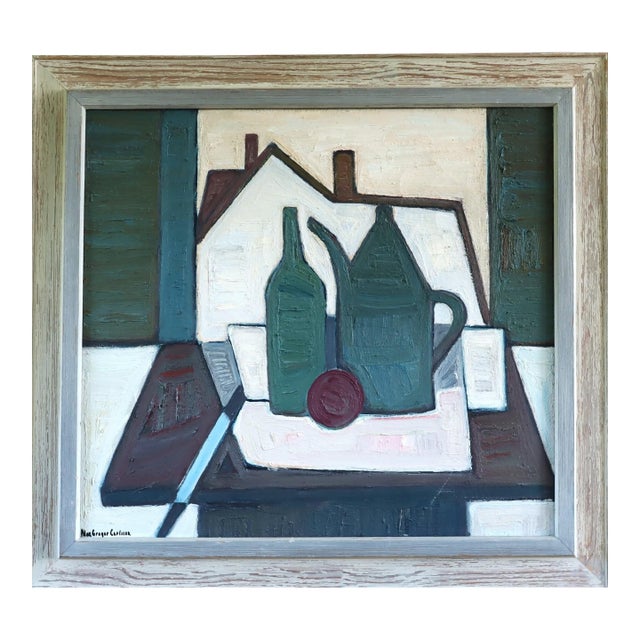 Mid-Century Modern 'Green Vessels & House Form' Abstract Still Life Oil Painting by Swedish Artist Max Gregor Carlsson (1914-1996), Framed For Sale
