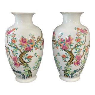 Chinoiserie Pair of Porcelain Egg Shell Vases 14" H For Sale