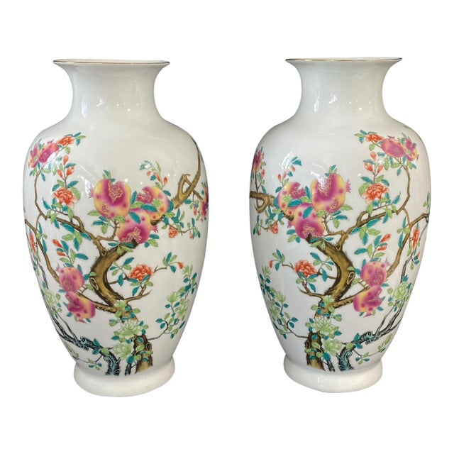 Chinoiserie Pair of Porcelain Egg Shell Vases 14" H For Sale