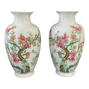 Chinoiserie Pair of Porcelain Egg Shell Vases 14" H