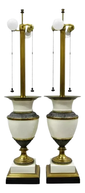 Mid 20th Century Stiffel Italian Regency Large Porcelain Urn Brass Finish Tall Table Lamps - Pair