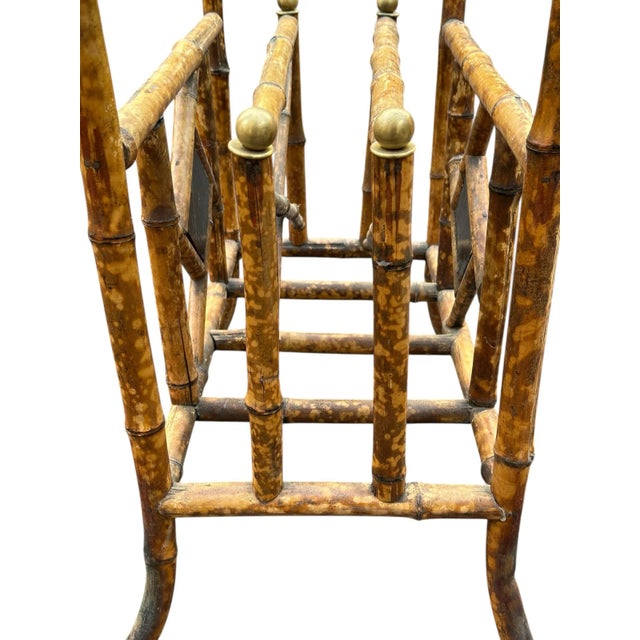 Vintage Scorched Bamboo Glass Top Side Table With Brass Ball and Hand-Painted Details For Sale - Image 9 of 11