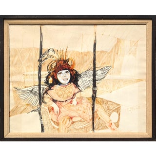 Charles Pebworth Modern Abstract Neutral Tone Figurative Drawing of a Woman with Wings, Late 20th Century For Sale