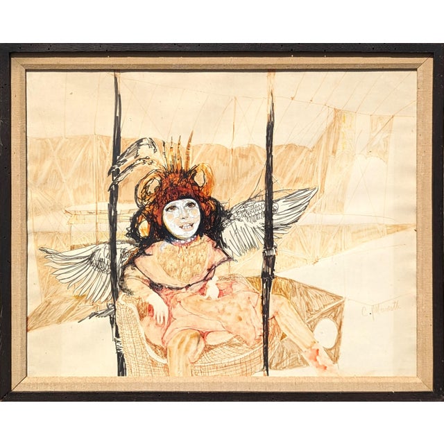 Charles Pebworth Modern Abstract Neutral Tone Figurative Drawing of a Woman with Wings, Late 20th Century For Sale