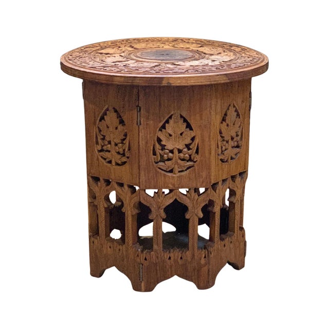 Antique Middle Eastern Circular Carved Side Table with Brass Inlay For Sale - Image 5 of 7