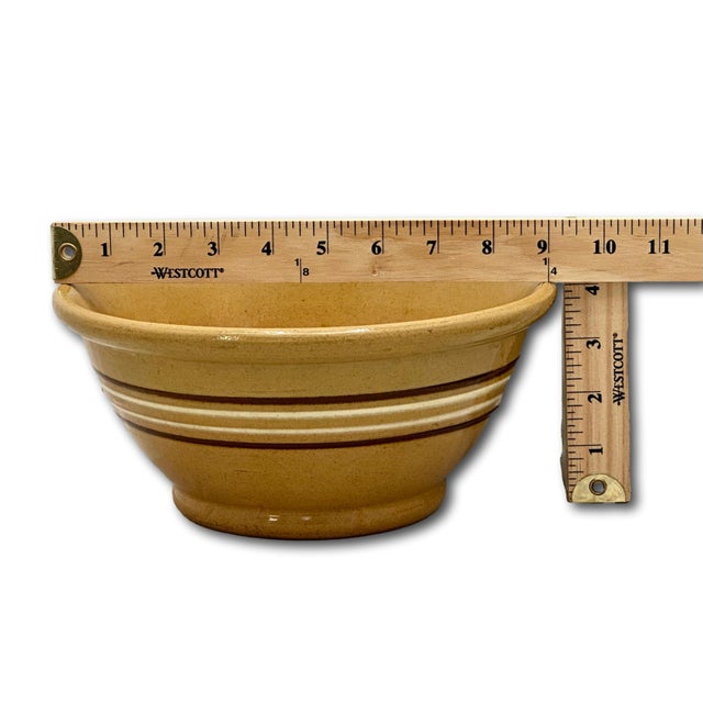 Late 19th Century Nice Antique Thick & Heavy 9.25 Inch Brown & White Banded Yellow Ware Kitchen Batter Mixing Bowl Late 1800s For Sale - Image 5 of 14