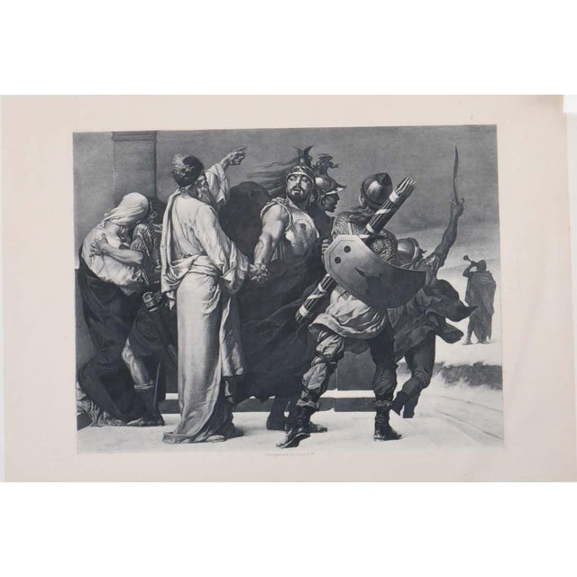 This intricate etching captures a high-stakes historical or mythological moment, featuring a central warrior in command of...