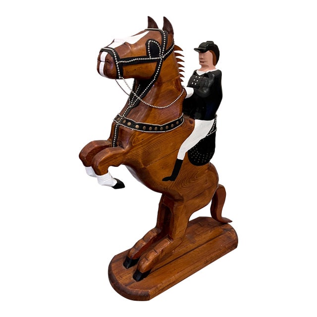 1980s 3 Foot Tall Wood Equestrian Folk Art Sculpture For Sale