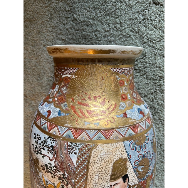 Monumental 24” Antique Japanese Meiji Period Kyoto Satsuma Palace Floor Vase, Court Scene & Peony Panels For Sale - Image 11 of 11