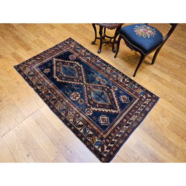 19th Century Caucasian Kazak Area Rug, Hand-Knotted Wool, Blue & Ivory, 4' x 6' For Sale - Image 4 of 18
