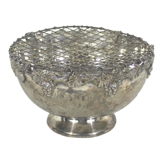 Embossed Silver Plate Pedestal Rose Bowl Double Wire Frog Vintage Two Piece Pansy Holder Vase for Flower Arranging, Bouquet, Ikebana, Patina For Sale