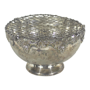 Embossed Silver Plate Pedestal Rose Bowl Double Wire Frog Vintage Two Piece Pansy Holder Vase for Flower Arranging, Bouquet, Ikebana, Patina