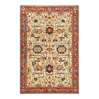 Persian Serapi 7x11 Ivory, Rust, & Blue Recreation Handmade Area Rug #1141228 For Sale