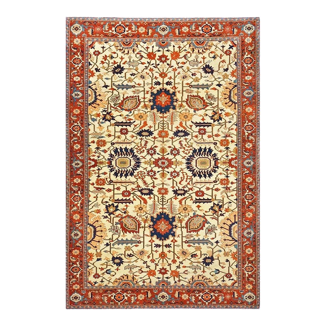 Persian Serapi 7x11 Ivory, Rust, & Blue Recreation Handmade Area Rug #1141228 For Sale