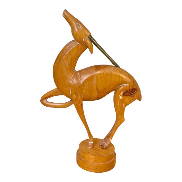 Italian Carved Limed Pine & Brass Deer Sculpture, 1970s For Sale