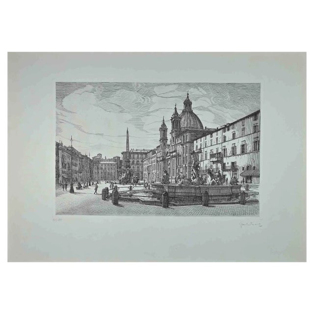 Giuseppe Malandrino, View of Piazza Navona, Original Etching, 1970 For Sale