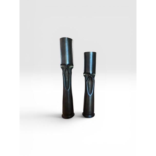 1970s 1970s Pair of Mid-Century Brutalist Patinated Bronze Sculptural Candleholders For Sale - Image 5 of 11