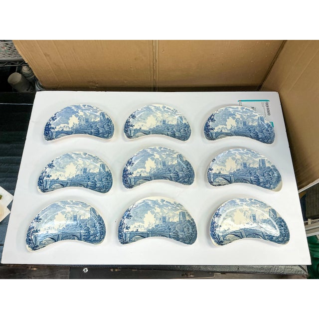 1920s Victorian Style Royal Worcester Blue & White Transferware Pottery Bone Plates S/9 For Sale - Image 5 of 8