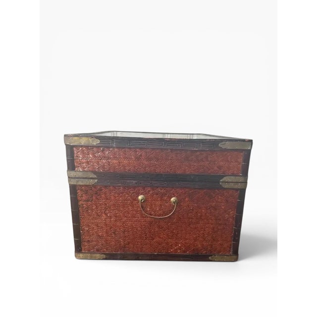 Red Handmade Attributed Maitland-Smith Chinoiserie Bamboo Trunk Chest With Hand-Painted Panels For Sale - Image 8 of 12