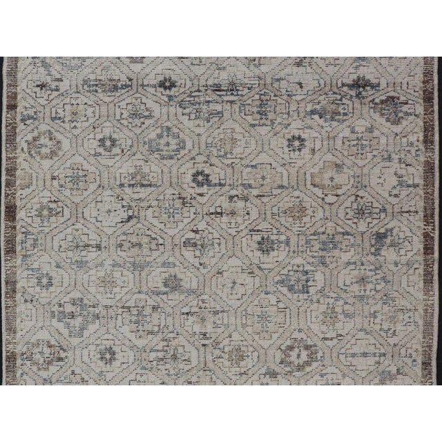 Tribal Modern Hand-Knotted Oushak Distressed Rug With Sub-Geometric Design in Brown and Blue For Sale - Image 3 of 13