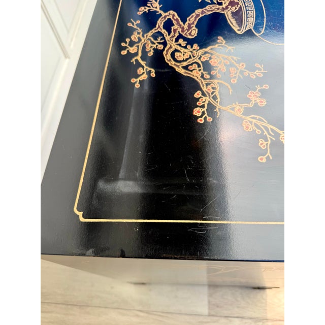 Vintage Chinoiserie Black Lacquer Nightstand Cabinet With Carved Stone Figures For Sale - Image 12 of 13