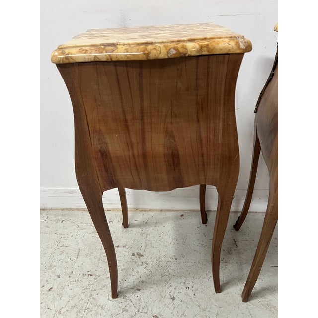 Louis XV Style Marquetry Bedside Tables with Marble Tops, Set of 2 For Sale - Image 5 of 12